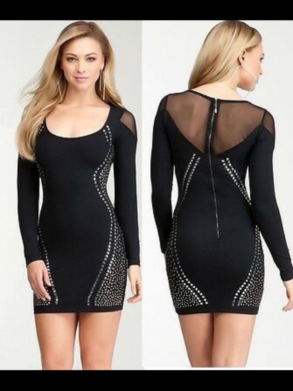 bebe Black Long-Sleeve Studded Mesh-Back Bodycon Dress